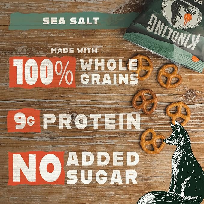 Kindling Protein Pretzels - Sea Salt | Protein-Packed Snack Size Bags | Kosher | 8-9g Protein Per Serving | No Artificial Flavors, Soy-Free | Lunches, Office Snacks, & On-the-Go | 16-Count (1.06oz Bags)