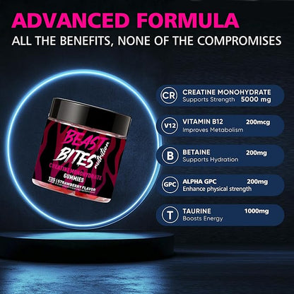 Creatine Monohydrate Gummies for Men & Women - 5g of Creatine Monohydrate per Serving - Sugar Free,Vegan, Strawberry Flavor, 135 Count (45 Servings).