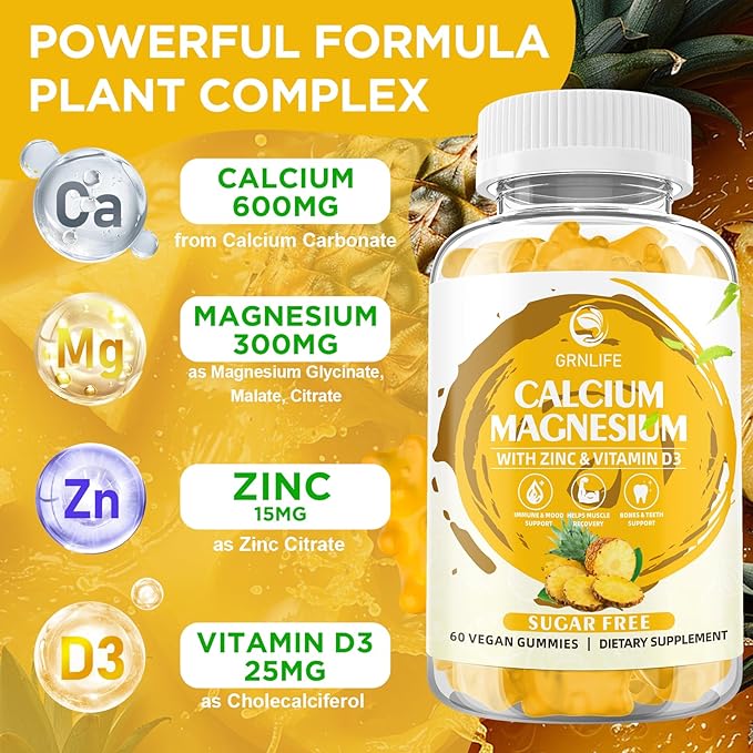 Calcium Magnesium Zinc Gummies with Vitamin D3, Sugar Free Calcium Gummies for Women Men, High Potency Magnesium for Bone & Muscle & Immune Health, Pineapple Flavor - 120 Count
