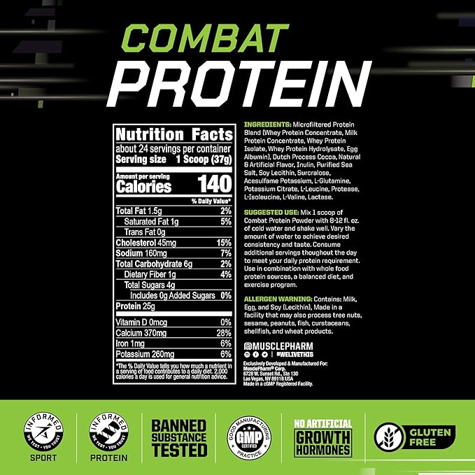 Muscle Pharm Combat Protein Powder, Chocolate Milk Flavor, Fuels Muscles for Productive Workouts, 5 Protein Sources Including Whey Protein Isolate & Egg Albumin, Gluten Free, 2 lb, 24 Servings
