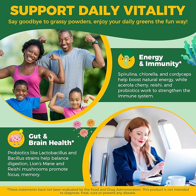Organic Super Greens Daily Superfood Gummies + Probiotics, Spirulina, Chlorella Spinach Broccoli, Prebiotic Fiber, Mushroom -Rich in Vitamins & Antioxidants - Digestive, Focus, Energy, No Sugar, 60Cts