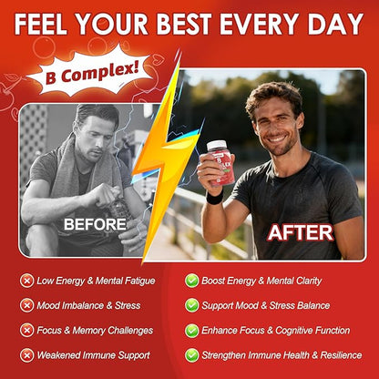 Vitamin B Complex Gummies, Vegan Vitamin B Gummies with 2000 mcg Methyl B12, Methyl Folate | Plus Choline + Inositol, Vitamin C + Zinc for Supports Energy, Mood, Immune, Healthy Hair, Skin - 60 Cts