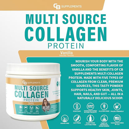 CB Supplements Multi Collagen Protein – Hydrolyzed Collagen for Joint, Skin, Gut, Hair & Nail Health – Vanilla Flavored Powder with Types I, II, III, V & X – Grass-Fed & Clean – 58 Servings