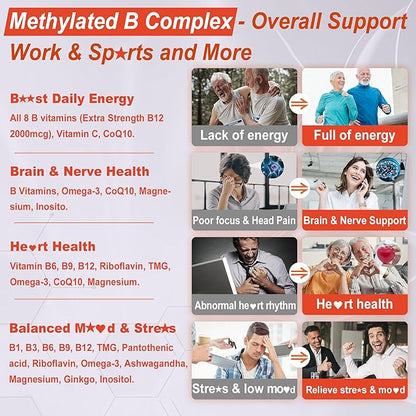 Super Methylated Vitamin B Complex Gummies - All B Vitamins + Omega-3, Magnesium, CoQ10, Ashwagandha,Vitamin C, TMG- For Women Men- Methyl B12 2000 mcg, Methylfolate, B1,B2, B3,B5,B6,B7- Sugar Free