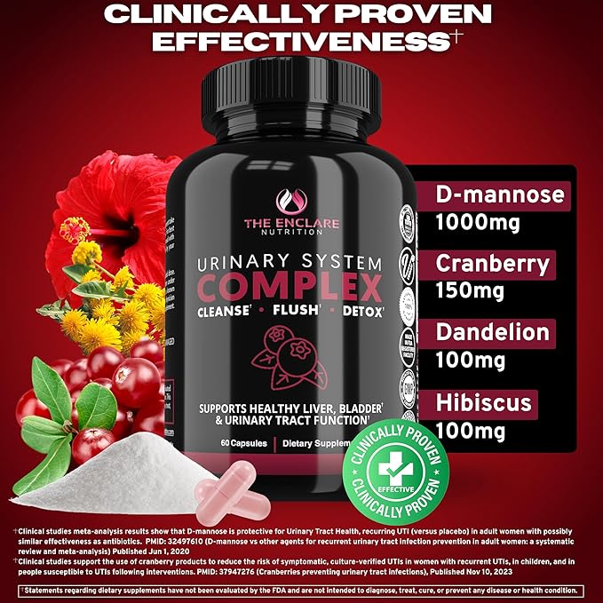 THE ENCLARE NUTRITION D Mannose Capsules|1000mg with Cranberry Pills for Women & Men, Hibiscus & Dandelion. Fast-Acting Urinary Tract Health, Bladder Control, Liver Support, Kidney Cleanse & Detox(3)