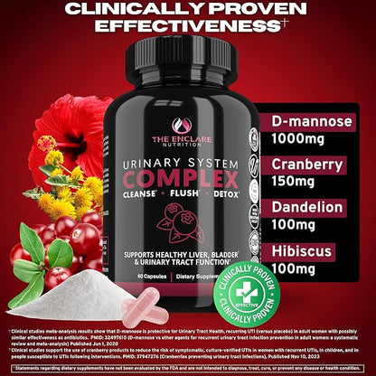 THE ENCLARE NUTRITION D Mannose Capsules|1000mg with Cranberry Pills for Women & Men, Hibiscus & Dandelion. Fast-Acting Urinary Tract Health, Bladder Control, Liver Support, Kidney Cleanse & Detox(3)