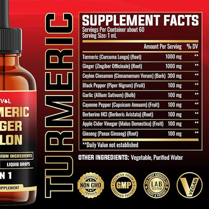 9in1 Liquid Turmeric Curcumin with Ginger, Berberine, Ceylon, Garlic, Black Pepper for Joint Support - 2FL Oz - 60 Servings