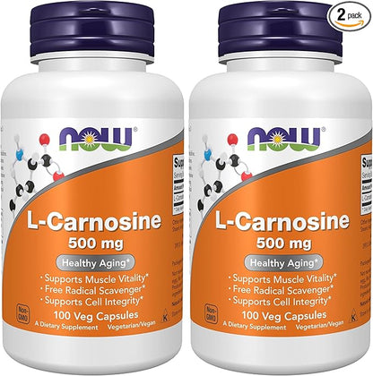 NOW Foods Supplements, L-Carnosine (Beta-Alanyl-L-Histidine) 500 mg, Healthy Aging, 100 Veg Capsules,(Pack of 2)