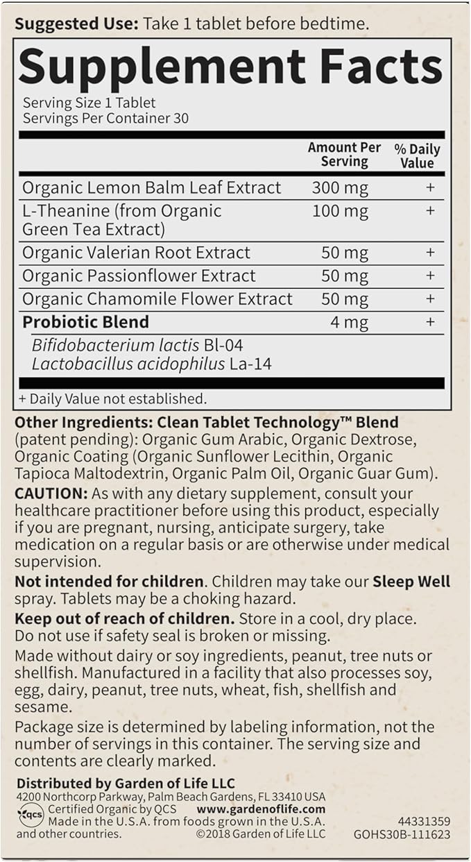 Garden of Life Organics Sleep Well Rest & Refresh 30 Tablets, Green Tea Extract L-Theanine, Valerian Root, Chamomile, Probiotics-Organic Non-GMO Vegan Gluten Free Herbal Supplement(Pack of 2)