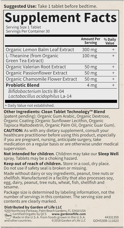 Garden of Life Organics Sleep Well Rest & Refresh 30 Tablets, Green Tea Extract L-Theanine, Valerian Root, Chamomile, Probiotics-Organic Non-GMO Vegan Gluten Free Herbal Supplement(Pack of 2)