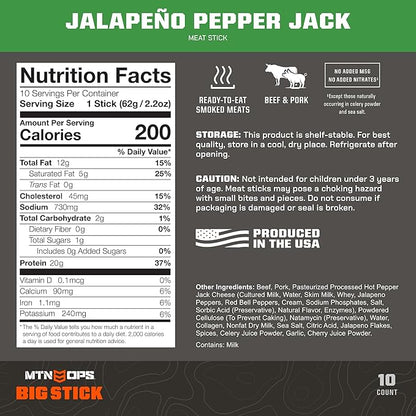 MTN OPS Big Stick High Protein Meat Sticks - 20g Protein, 10% Collagen - Jalapeño Pepper Jack Flavor - Individually Wrapped Beef Snacks - 10 Count Carton
