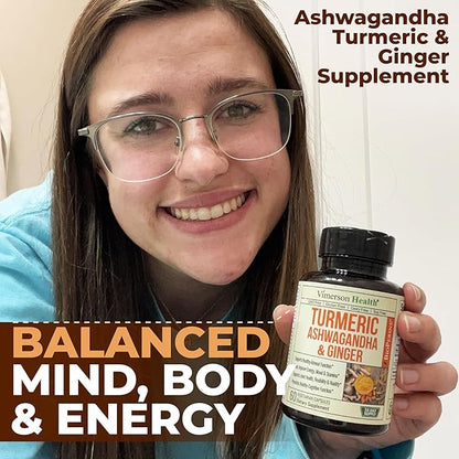 Ashwagandha Organic Turmeric Curcumin Supplement with Ginger Root & Black Pepper – Joint Health, Energy & Immune Support – Antioxidant Blend with 95% Curcuminoids – 60 Capsules