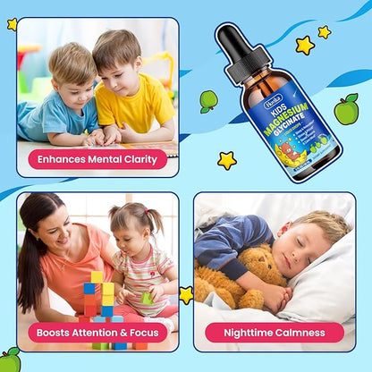 2 Pack Magnesium Liquid for Kids - with L-Theanine Omega-3, Vitamin B6, D3, Zinc - Kids Magnesium Glycinate Drops for Sleep, Relaxation, Calm & Focus - Green Apple Flavor