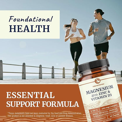 Magnesium Zinc & Vitamin D3 | 260MG Complex | High Absorption Mag Citrate, Glycinate & Malate | Muscle, Nerve Function & Bone Health Support | Zinc and Magnesium Supplement with VIT D3 | 60 Ct.