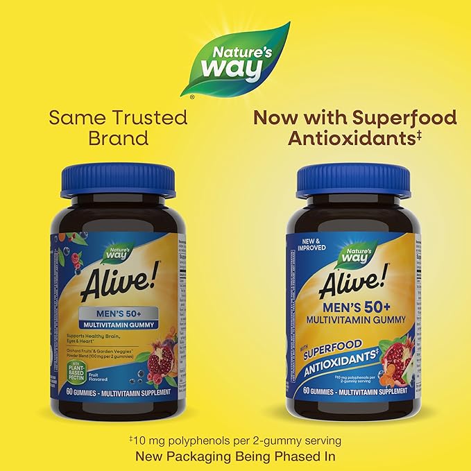 Nature's Way Alive! Men’s 50+ Daily Gummy Multivitamins, Supports Healthy Brain, Eyes, Heart*, B-Vitamins, Gluten-Free, Fruit Flavored, 60 Gummies (Packaging May Vary)