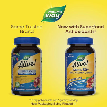 Nature's Way Alive! Men’s 50+ Daily Gummy Multivitamins, Supports Healthy Brain, Eyes, Heart*, B-Vitamins, Gluten-Free, Fruit Flavored, 60 Gummies (Packaging May Vary)
