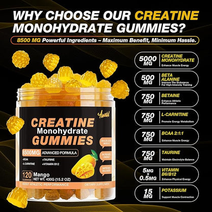 Creatine Monohydrate Gummies 8500 MG for Men and Women, Creatine Monohydrate Supplement for Muscle Growth, Strength & Energy Support, Pre Workout Gummies 120 Count Mango Flavor