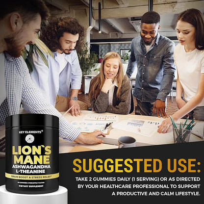 High Strength Extract Organic Lion's Mane Mushroom Gummies with Ashwagandha & L-Theanine - Potent Lion's Mane Brain Supplements for Memory & Relaxation - Mushroom Gummies for Focus