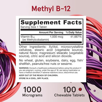 Jarrow Formulas Extra Strength Methyl B-12, Dietary Supplement for Cellular Energy Production, 100 Lemon-Flavored Chewable Tablets, Up to a 100 Day Supply, Pack of 12
