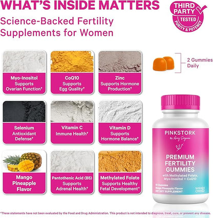 Pink Stork Premium Fertility Gummies | Fertility Supplements for Women with CoQ10, Myo-Inositol + Prenatal Vitamins | Conception Support | Hormone Balance for Women, Ovarian Care - 60 Gummies