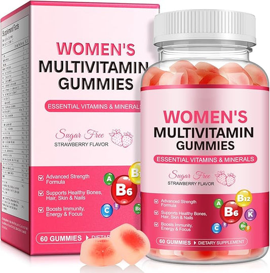 Multivitamin Gummies for Women, Natural Multi Vitamins, Boosts Immunity, Energy & Focus, Womens Daily Multivitamin Gummy for Hair, Skin & Nails, Sugar-Free, Strawberry Flavor, 60 Gummies