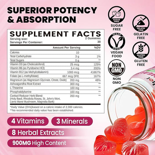 Cortisol Gummies, 15 in 1 Lower Cortisol Supplements for Women, w. Ashwagandha, Magnesium, Phosphatidylserine, Folate for Hormone Balance, Mood, Focus, Sleep Support, Sugar Free, Vegan, 60
