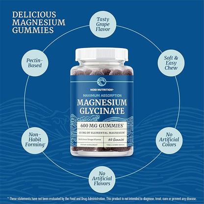 Magnesium Glycinate Gummies 600MG | Sleep, Calm & Relaxation Support | 60MG Elemental Mag Per Serving | Grape Flavor, Gluten-Free | High Absorption Magnesium Gummies for Women, Men & Family | 60 Ct