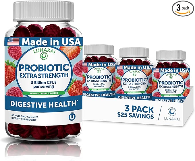 Lunakai USA Made Probiotic Gummies - 5 Billion CFUs, Vegan, Non-GMO, Gluten-Free - Digestive & Immune Support for Women & Men - 3 Pack