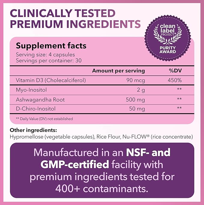 Intimate Rose Myo-Inositol & D-Chiro Inositol Supplement for Women - Hormone Balance & Ovarian Support for Women - Ideal 40:1 Ratio, Vitamin D3 + Ashwagandha
