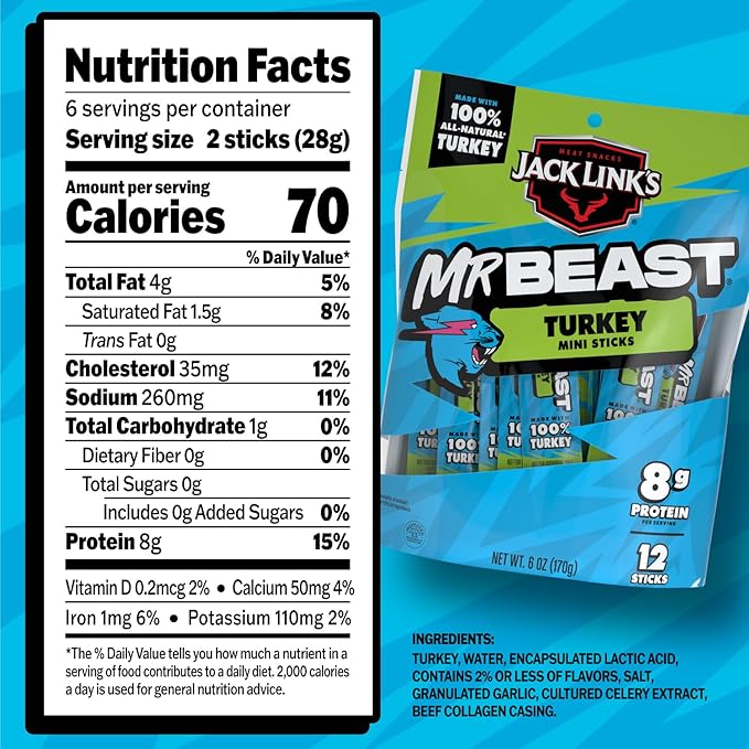 Jack Link’s x MrBeast Turkey Mini Sticks, As Seen on Beast Games, 8g Protein, Made with 100% All Natural Turkey, Zero Sugar, Pantry-Ready Snacks, 12 Count
