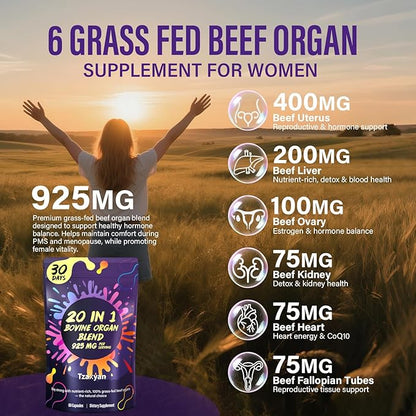 20-In-1 Beef Organ Supplement for Women, 925MG Grass Fed Beef Liver, Uterus, Ovary & 3 more with Maca, DIM, Black Cohosh, Vitamin & Mineral, Bovine organ Capsules for Hormone Balance, Energy, 30 Days