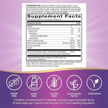 Nature's Way Sambucus Zero Sugar Immune Gummies,Daily Immune Support*,Black Elderberry Extract,Vitamin C,Vitamin D3,Zinc,Sugar Free,Sugar-Alcohol Free,Plant-Based Sweeteners,70 Gummies,(Pack of 2)