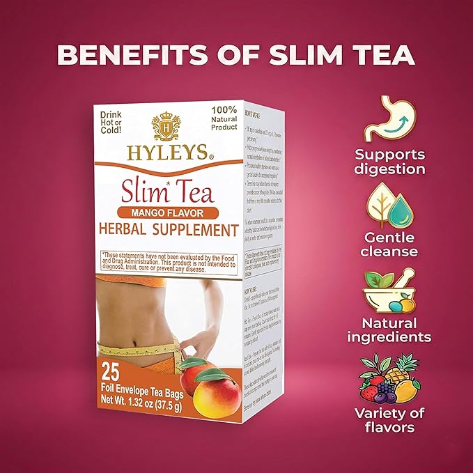 Hyleys Slim Tea Mango Flavor - Weight Loss Herbal Supplement Cleanse and Detox - 25 Tea Bags (12 Pack)
