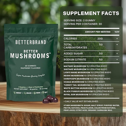 Betterbrand BetterMushrooms Nootropic Gummies - Supports Better Gut Health, Cognitive Function, Mental Clarity with 10 Functional Mushrooms - 60 Gummies - Raspberry Flavor - Pack of 2