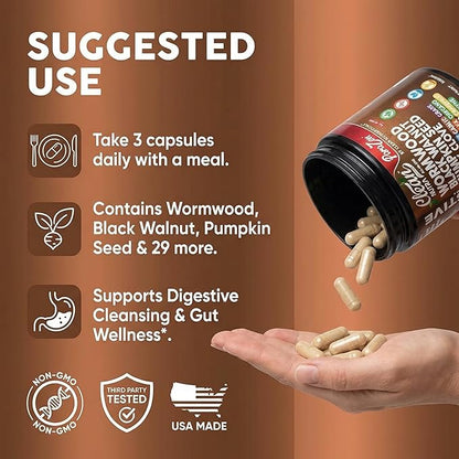 Clean Nutra Wormwood Black Walnut Pumpkin Seed Clove Oil Celery Garlic Grape Papaya Neem Diatomaceous Earth Womens Probiotic Gut Health Cleanse Detox Oregano Olive Turmeric Supplement Vegan Capsules