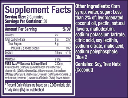 ZzzQuil Pure Zzzs De-Stress 2mg Melatonin Gummies,Sleep Aids for Adults,Ashwagandha for Stress Support,60 Gummies,(Pack of 2)