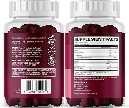 Beet Root Gummies with COQ10 & Pomegranate - Nitric Oxide Supplement for Men and Women - Beetroot for Endurance, Performance, Recovery - Vegan, Non-GMO, Gluten Free - Mixed Berry Flavor, 30 Count