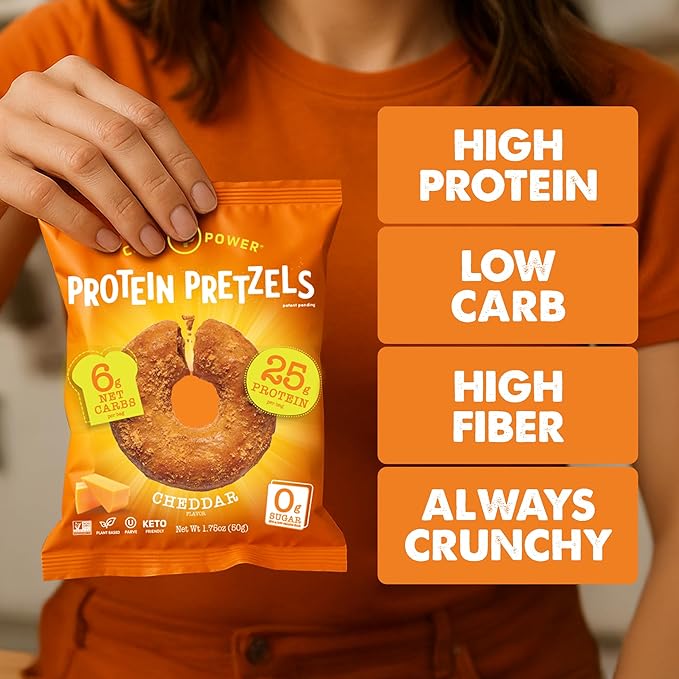 CRISP POWER Protein Pretzels, NEW Cheddar, 25G Protein, High Protein Snack, High Fiber, Low Carb Crunchy Pretzel Snacks, No Added Sugar, 1.75 oz Bags, 6 Pack, Vegan, Keto