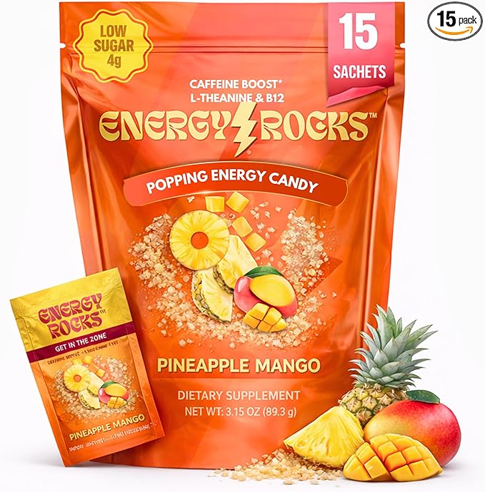 Caffeine Candy - Popping Energy Candy Crystals, 100mg Caffeine, L-Theanine & B12 - Fast Energy, No Drink Needed - Coffee Alternative 15-Pack (Pineapple Mango)