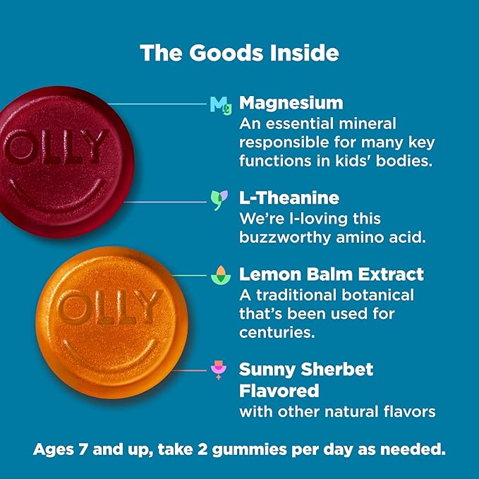 OLLY Kids Chillax Gummy, for a Calm and Relaxed Mood*, Magnesium, L-Theanine, Lemon Balm Extract, Chewable Supplement, Sherbet Flavored, 35 Day Supply - 70 Count (Packaging May Vary)