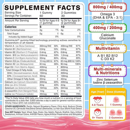 Nextdia Omega 3 (EPA/DHA) Filled Gummies for Kids with Multivitamin, Calcium + D3 + K2 + Zinc, Plus Vitamin A B1 B2 B12 C, Selenium, Iodine for Brain, Eye, Bone, Energy, No Fish Taste, 2 Pack