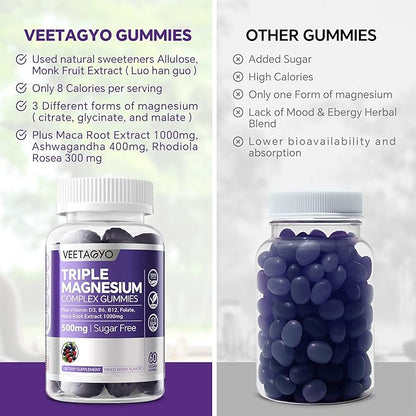 VEETAGYO Magnesium Gummies 500mg 400mg | High Absorption, Bone, Nerves, Muscle | 3 Forms of Magnesium Complex Supplement Glycinate,Taurate,Malate | Adults - Vegan,Sugar Free,120Cts