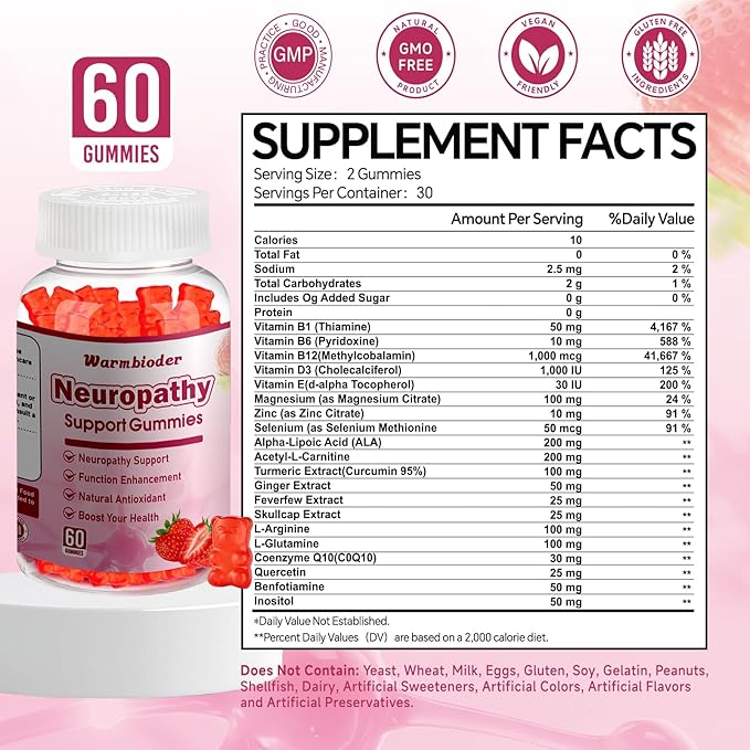 Sugar Free Neuropathy Support Gummies for Nerve – Enhanced Nerve Health, Regeneration, Cognitive Support with Vitamin B1, B6, B12, Magnesium, ALA, Turmeric, CoQ10 & More