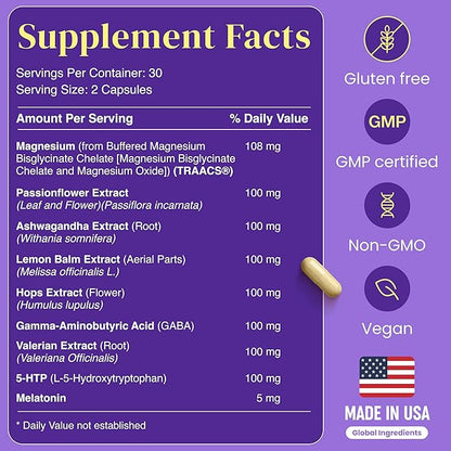 9-in-1 Melatonin Sleep Aid for Adults - USA Made, Lab Tested with Melatonin 5mg and 108mg Magnesium for Sleep - TRAACS, Ashwagandha, Valerian Root, GABA, 5HTP, Herbal Sleep Supplement, Vegan, 60 Caps