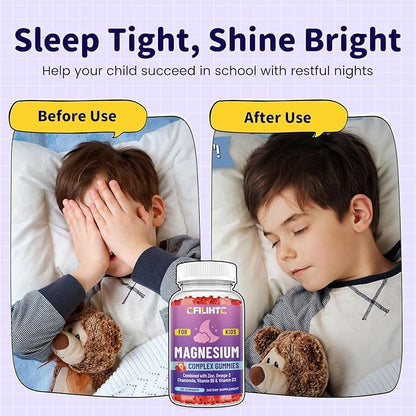 Kids Magnesium Gummies-Magnesium Glycinate Gummies for Kids Supplement-w/Zinc, Chamomile, Omega-3, Vitamin B6, D3 - for Sleep, Relaxation, Brain, Bones, Children's Calm, Sugar Free, 2 Pack Strawberry