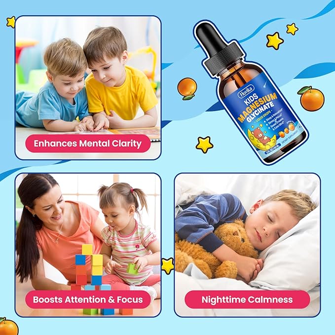 Magnesium Glycinate Liquid for Kids - with L-Theanine Omega-3, Vitamin B6, D3, Zinc - Kids Magnesium Drops for Sleep, Relaxation, Calm & Focus - 2 Fl Oz, Orange Flavor