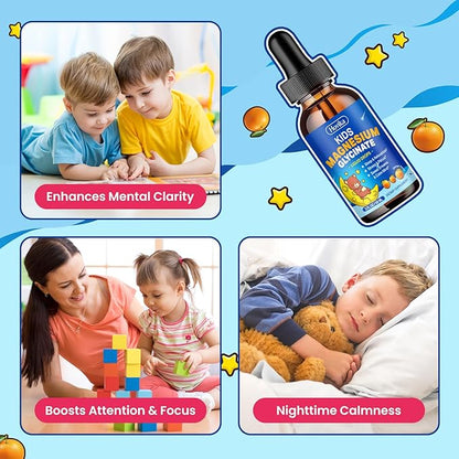 2 Pack Magnesium Glycinate Liquid for Kids - with L-Theanine Omega-3, Vitamin B6, D3, Zinc - Kids Magnesium Drops for Sleep, Relaxation, Calm & Focus - Orange Flavor