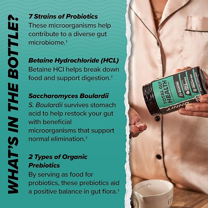 ONNIT Total Gut Health Daily Digestive Support, IGEN™ Non-GMO Tested Digestion Supplement for Women and Men with 7 Strains of Probiotics, Prebiotics, Enzymes and Betaine HCL, 60 Count