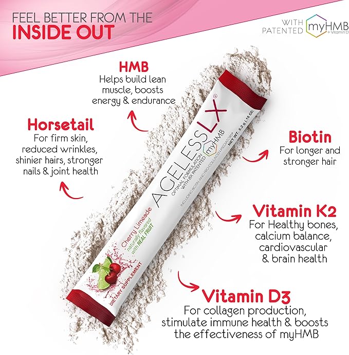 AgelessLX Powder Supplement for Women - with HMB Collagen Enhancer Plus Vitamin D3 with K2, Horsetail and Biotin for Lean Muscle and Stronger Hair and Nails - 30 Powder Packets, Cherry Limeade