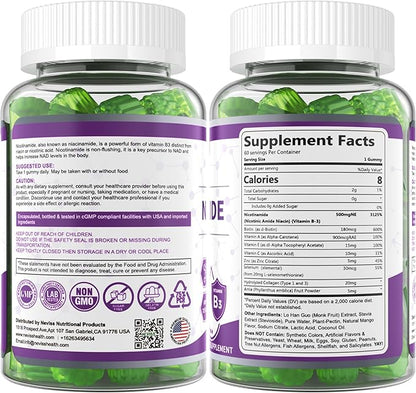 Sugar Free Nicotinamide 500mg Gummies, (Flush Free Niacin) Vitamin B3 Niacinamide Supplement for Cellular Energy Metabolism & Repair, Vitality, Healthy Aging, Cranberry Flavor, Easy to Chew, 120 Cts